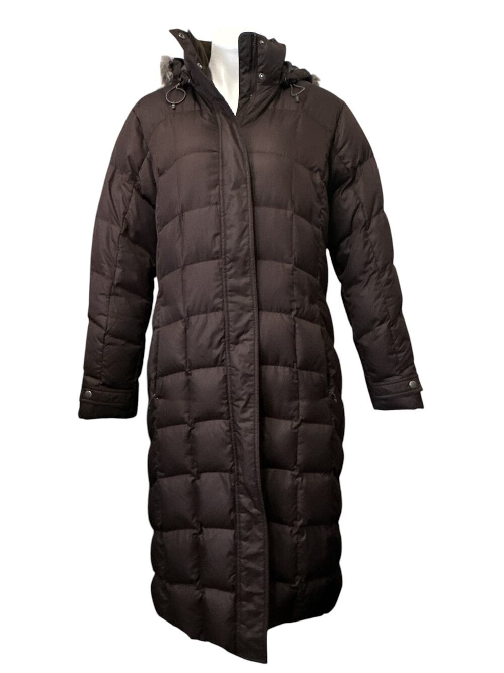 Eddie Bauer Long Down Puffer Coat Faux Fur Hood Brown Women's XL Warm Winter